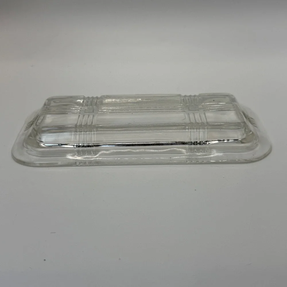 Vintage Clear Glass Butter Dish Tray Plaid Geometric Pressed Pattern